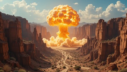 Dramatic desert landscape with powerful explosion, perfect for conveying conflict or impactful change concepts