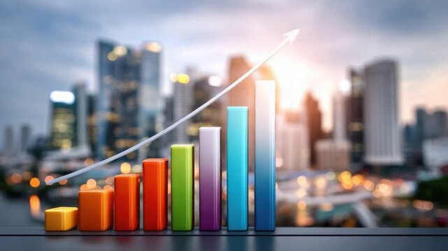 A vibrant bar graph with ascending colors against a blurred city skyline, symbolizing growth and progress in the business and financial sectors.