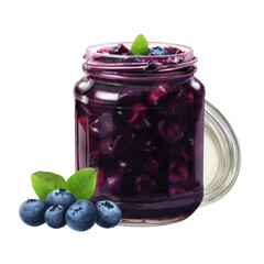 Delicious blueberry jam in glass jar with transparent background food photography bright environment