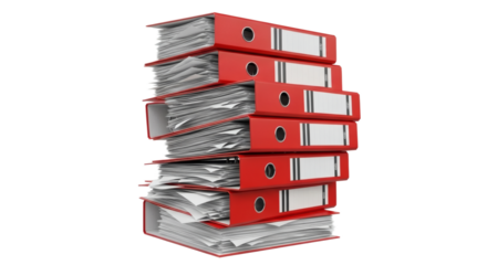 Overloaded Red Ring Binders Stacked Documents and Excessive Bureaucracy. clipping path. Business concept.