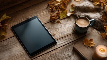 Digital tablet on autumn wooden table