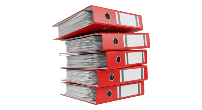 Overloaded Red Ring Binders Stacked Documents and Excessive Bureaucracy. clipping path. Business concept.