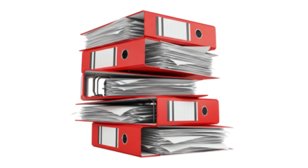 Overloaded Red Ring Binders Stacked Documents and Excessive Bureaucracy. clipping path. Business concept.