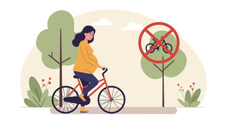Fototapeta premium A pregnant woman rides a bicycle in a park without a bicycle sign - the concept of harm during pregnancy for an unborn child due to possible injuries