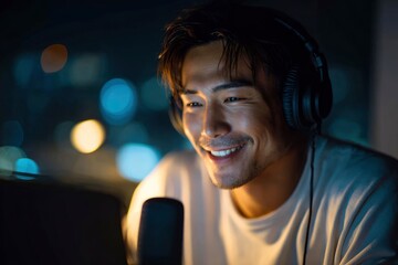Smiling man with headphones, looking at screen, late at night with city lights in the background