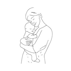 Black and white line art of a beautiful mother lovingly embracing her baby minimalist tender illustration