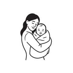 Black and white line art of a beautiful mother lovingly embracing her baby minimalist tender illustration