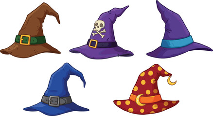 Collection of colorful cartoon witch hats, magical wizard hats, Halloween costume accessories, fantasy sorcery headwear, spooky decoration, mystical illustration design