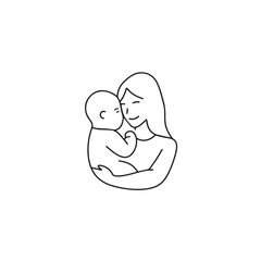Black and white line art of a beautiful mother lovingly embracing her baby minimalist tender illustration