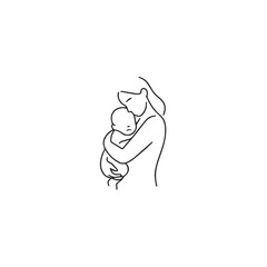 Black and white line art of a beautiful mother lovingly embracing her baby minimalist tender illustration