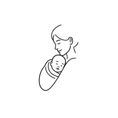 Black and white line art of a beautiful mother lovingly embracing her baby minimalist tender illustration