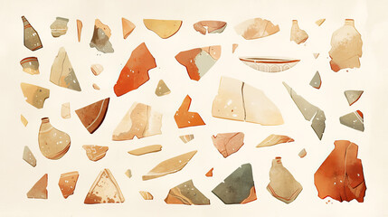 Obraz premium Colorful fragments of ancient pottery displayed on a light background, showcasing various shapes and textures, representing historical artifacts and cultural heritage