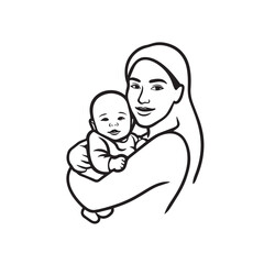 Black and white line art of a beautiful mother lovingly embracing her baby minimalist tender illustration