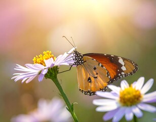 Butterfly on a flower in sunlight