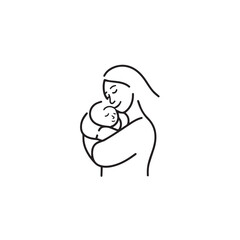 Black and white line art of a beautiful mother lovingly embracing her baby minimalist tender illustration