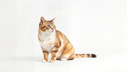 Obraz premium Orange striped cat sitting calmly on white background 
