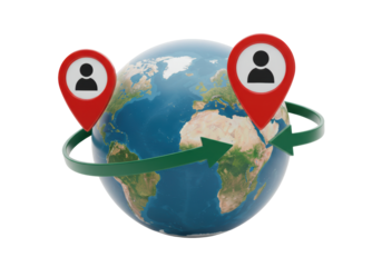 Isolated global connection concept depicting travel between two people located on Earth