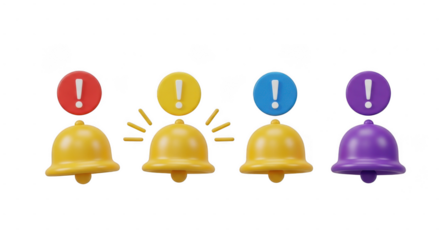 Four notification bells with different colored alert icons, indicating various types of alerts or notifications isolated on transparent background