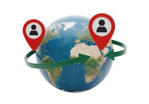 Isolated global connection concept depicting travel between two people located on Earth