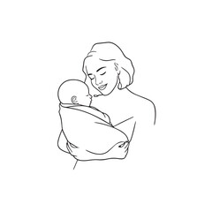 Black and white line art of a beautiful mother lovingly embracing her baby minimalist tender illustration