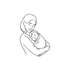 Black and white line art of a beautiful mother lovingly embracing her baby minimalist tender illustration