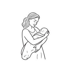 Black and white line art of a beautiful mother lovingly embracing her baby minimalist tender illustration