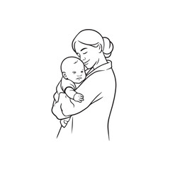 Black and white line art of a beautiful mother lovingly embracing her baby minimalist tender illustration
