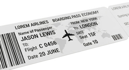 A boarding pass for jason lewis on lorem airlines, economy class, from new york to london on june 20th isolated on transparent background