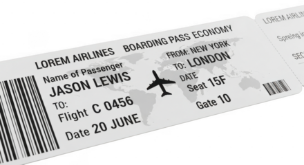 A boarding pass for jason lewis on lorem airlines, economy class, from new york to london on june 20th isolated on transparent background