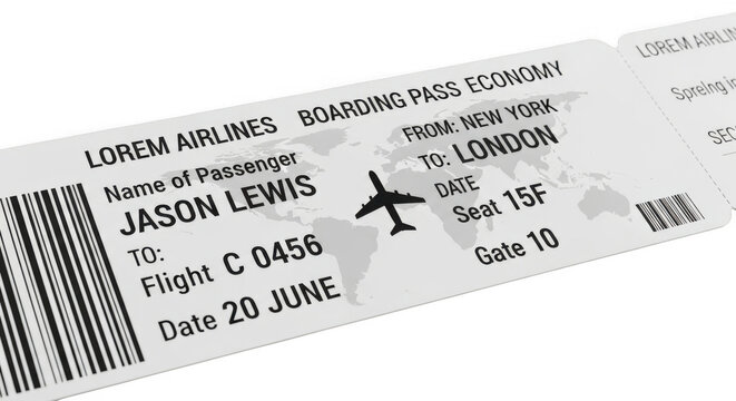 A boarding pass for jason lewis on lorem airlines, economy class, from new york to london on june 20th isolated on transparent background