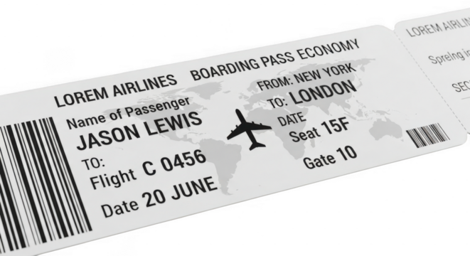 A boarding pass for jason lewis on lorem airlines, economy class, from new york to london on june 20th isolated on transparent background