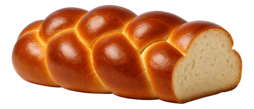 A freshly baked braided brioche loaf with a glossy golden-brown crust and soft interior.