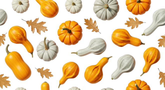 A vibrant pattern of various pumpkins, gourds, and autumn leaves scattered across a transparent background