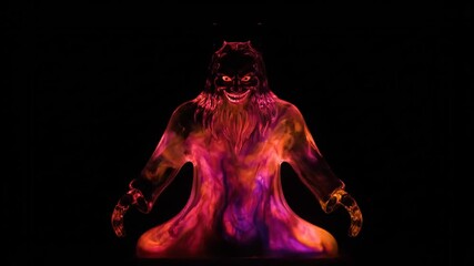 Dark demonic sculpture made of glowing red ink clouds in glass