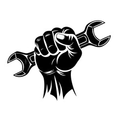 Black Silhouette Clenched Fist Holding Wrench or Spanner Tool Vector Icon