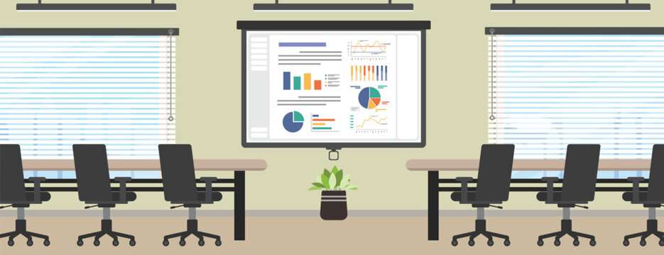 Public meeting room with working desk and a projector screen on center.