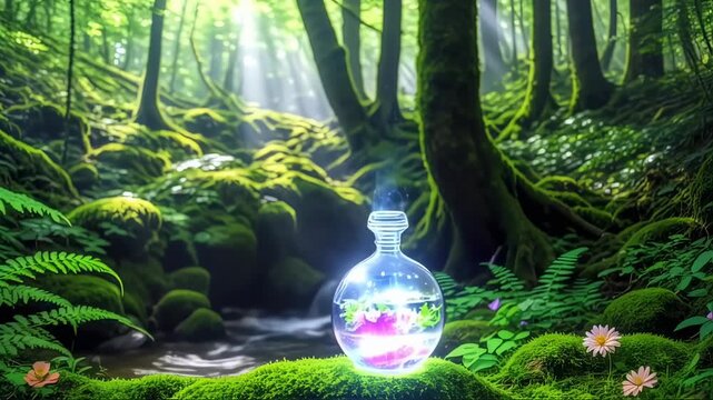 Enchanted forest with glowing potion bottle surrounded by moss and ferns