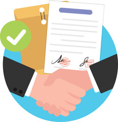 Business people handshake with signing contract document icon.