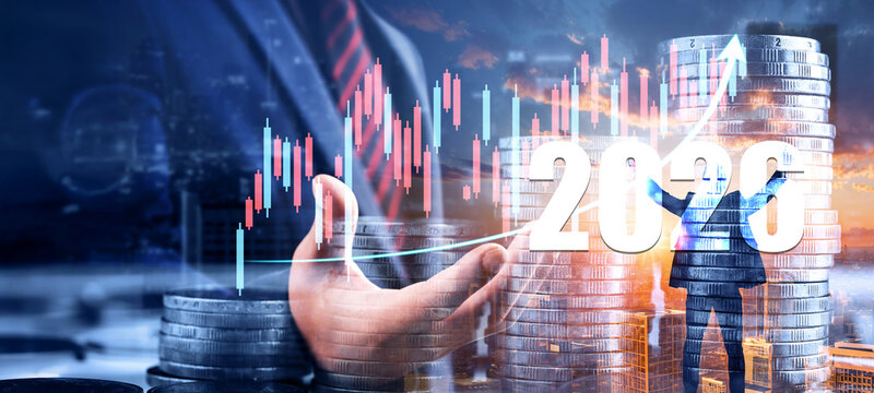 Double exposure of stock market graph and businessman with step of coin. financial stock exchange marketing for 2026 concept.