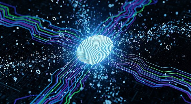 A glowing fingerprint graphic displays intricate circuit board design, vibrant hues, and digital data points.