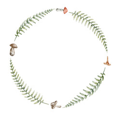 Watercolor fern wreath with mushrooms. Illustration of circular template for autumn childish greeting cards, woodland Baby shower invitations. Drawing of round Frame for botanical seasonal designs. © Alisles