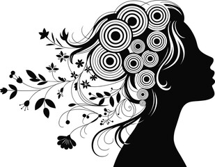 Elegant female silhouette with artistic floral hairstyle design, abstract circular patterns, black and white vector, beauty, fashion, creative, profile view illustration.