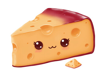 Isolated kawaii cartoon cheese wedge for cheese lovers and food enthusiasts, with no background