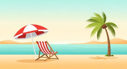 Relaxing Beach Scene with Palm Tree, Umbrella, and Chair