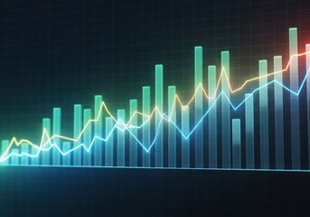 Illustration of abstract financial bar chart with line graph in green and orange color