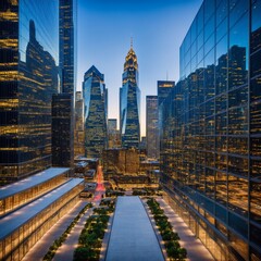 Naklejka premium Pedestrian allee between glass towers at golden hour