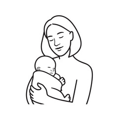 Black and white line art of a beautiful mother lovingly embracing her baby minimalist tender illustration
