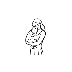 Black and white line art of a beautiful mother lovingly embracing her baby minimalist tender illustration
