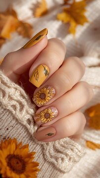Detailed Autumn Nail Art and Seasonal Beauty Close-Up
