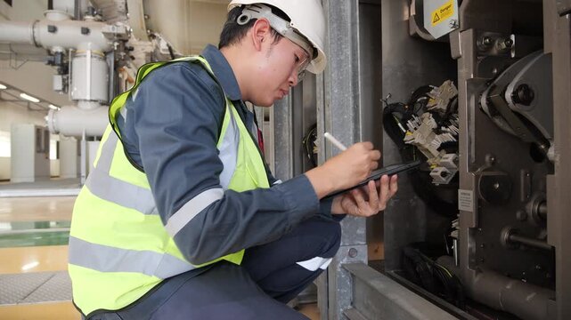 Asian male engineer using digital tablet to inspect industrial machinery in power plant, wearing helmet and safety vest, focusing on maintenance, quality control, and workplace safety in engineering